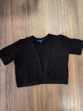 Apt. 9 Black Short-Sleeve Ribbed Open Cardigan Cropped Lace Cotton Trim